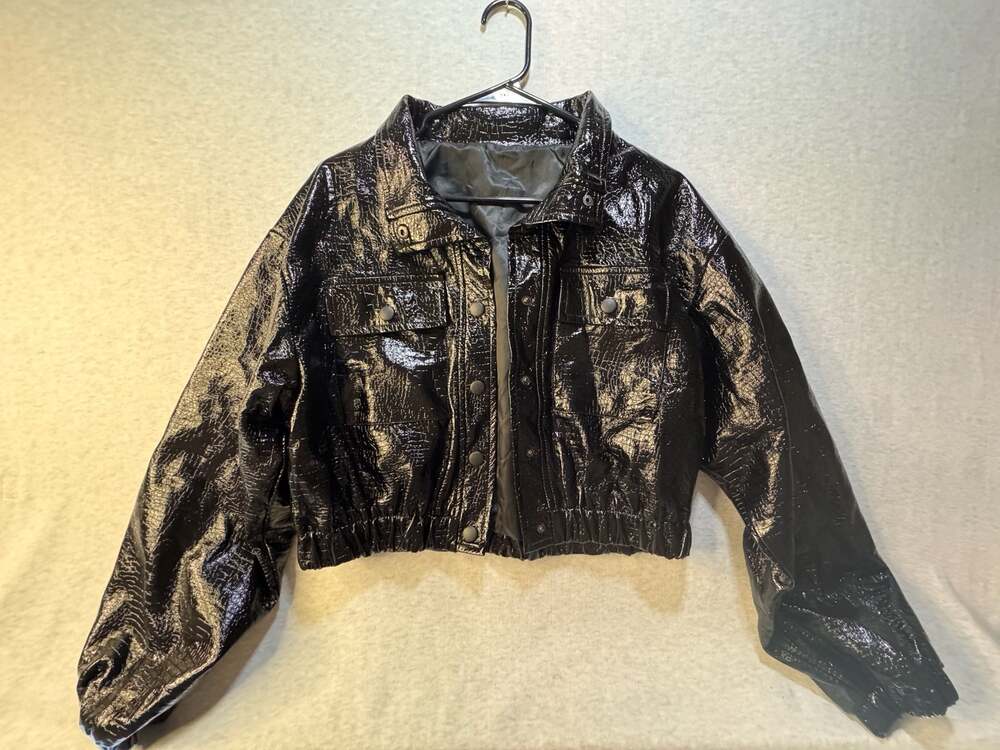 DAZY Croc Embossed Faux Leather Cropped Button-Up Jacket